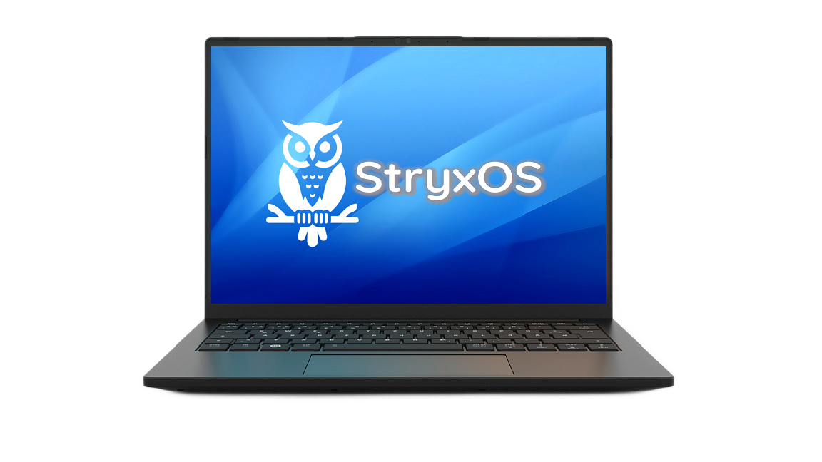 Laptop mostrando el logo de StryxOS en pantalla
